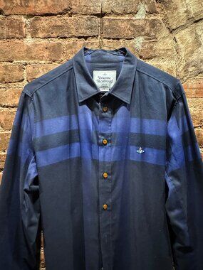 Vivienne Westwood Men's Navy Blue Expanded Tartan Long-Sleeve Shirt - Size V